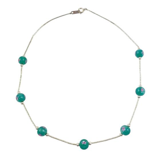 Green Floral Design Glass Bead Station Necklace | NWOT Sterling Silver 925 | 16" - Picture 3 of 7